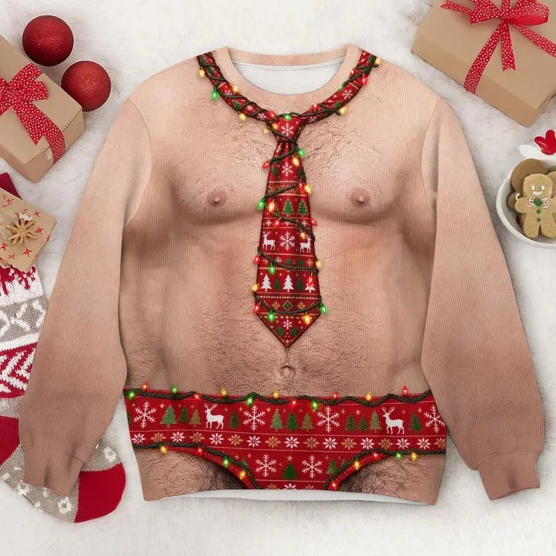 Hairy Chest Santa Ugly Christmas Sweater – Funny Adult Crewneck