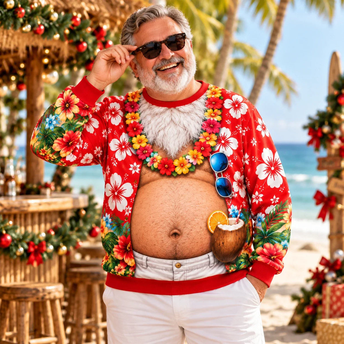 Funny Tropical Santa Belly Christmas Sweatshirt – Hawaiian Holiday Ugly Sweater
