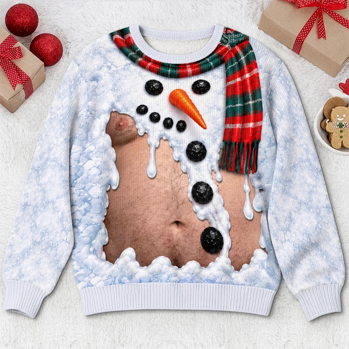 Funny Snowman & Gingerbread Body Illusion Christmas Sweatshirt – Men’s Ugly Christmas Party Pullover
