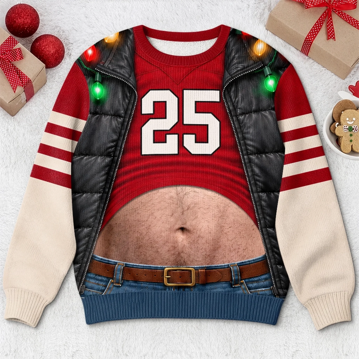 Funny Football Belly Illusion Christmas Sweatshirt – Men’s Ugly Christmas Game Day Pullover