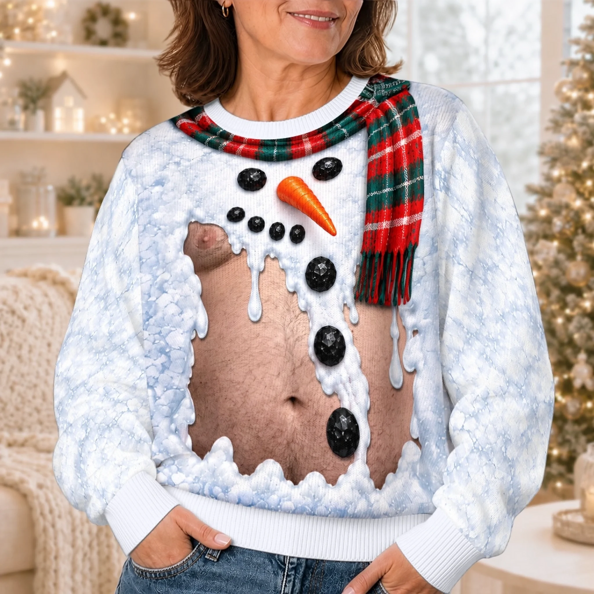 Funny Snowman & Gingerbread Body Illusion Christmas Sweatshirt – Men’s Ugly Christmas Party Pullover