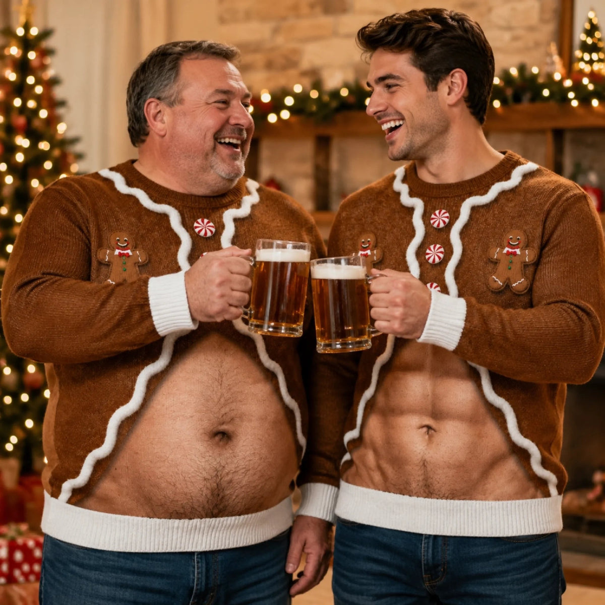 Funny Gingerbread Beer Belly Ugly Christmas Sweater – Novelty Holiday Sweatshirt for Men