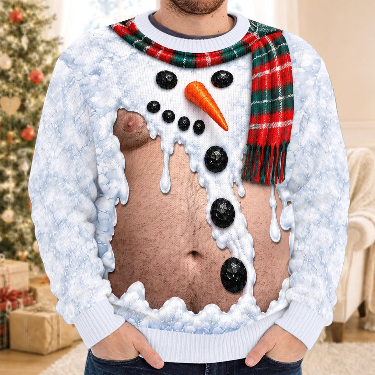 Funny Snowman & Gingerbread Body Illusion Christmas Sweatshirt – Men’s Ugly Christmas Party Pullover