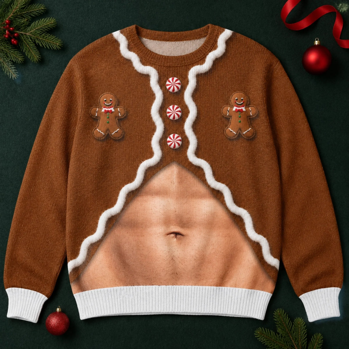 Funny Gingerbread Beer Belly Ugly Christmas Sweater – Novelty Holiday Sweatshirt for Men