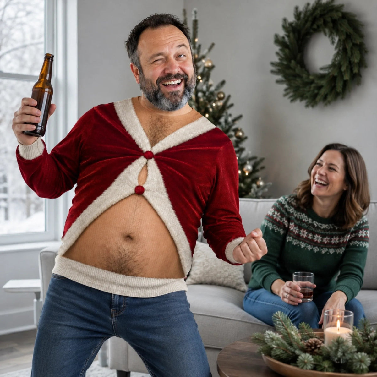 Custom Skin Tone Santa Beer Belly Ugly Christmas Sweater – Too Much Holiday Cheer Funny Sweatshirt