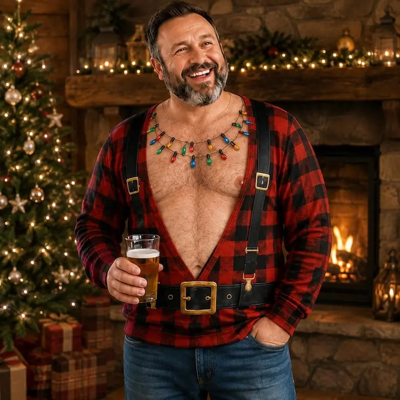 Funny Hairy Chest & Six-Pack Abs Ugly Christmas Sweater – Santa Belt Holiday Party Sweatshirt