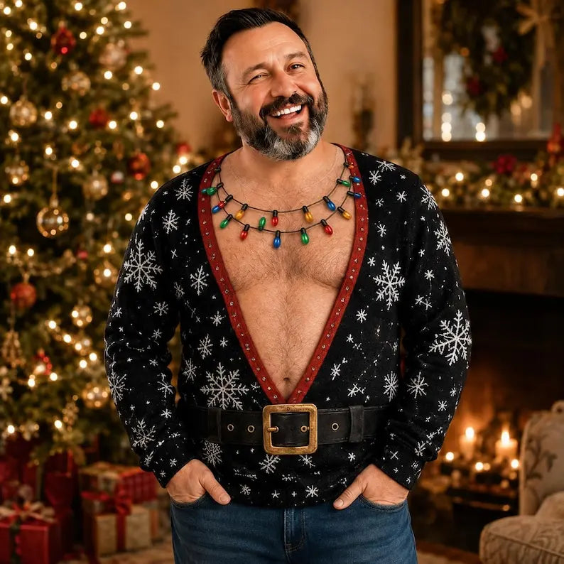 Funny Hairy Chest & Six-Pack Abs Ugly Christmas Sweater – Santa Belt Holiday Party Sweatshirt
