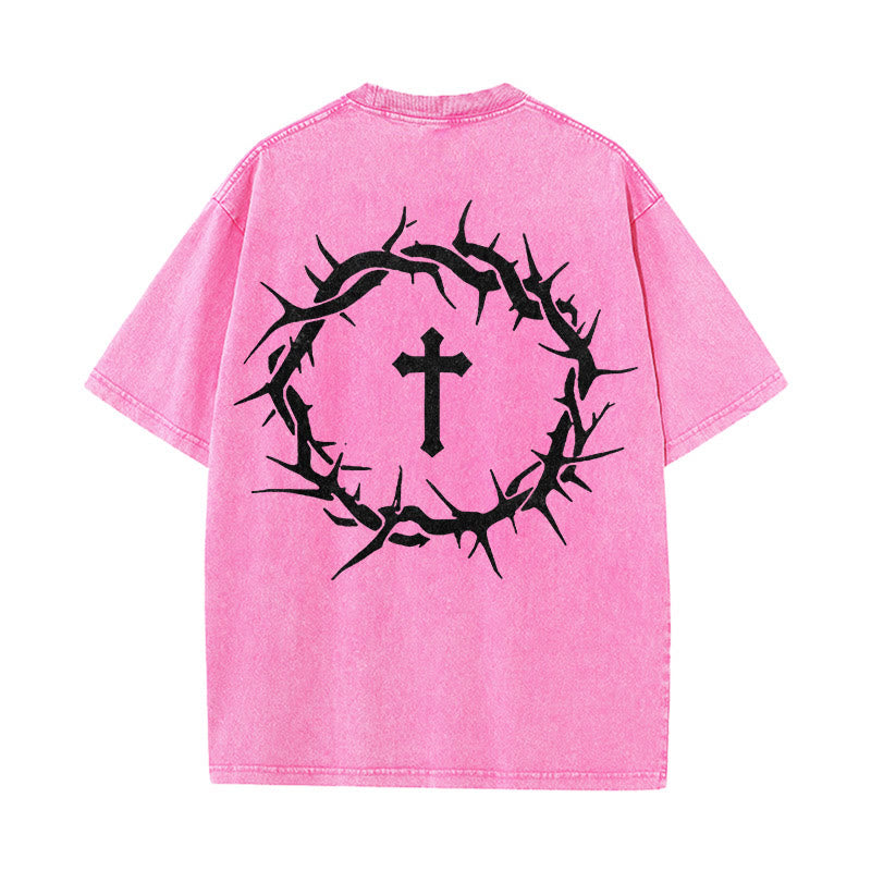 Christianartworkshop Faith Over Fear Thorn Cross Unisex Washed T-Shirt