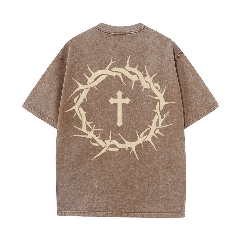 Christianartworkshop Faith Over Fear Thorn Cross Unisex Washed T-Shirt