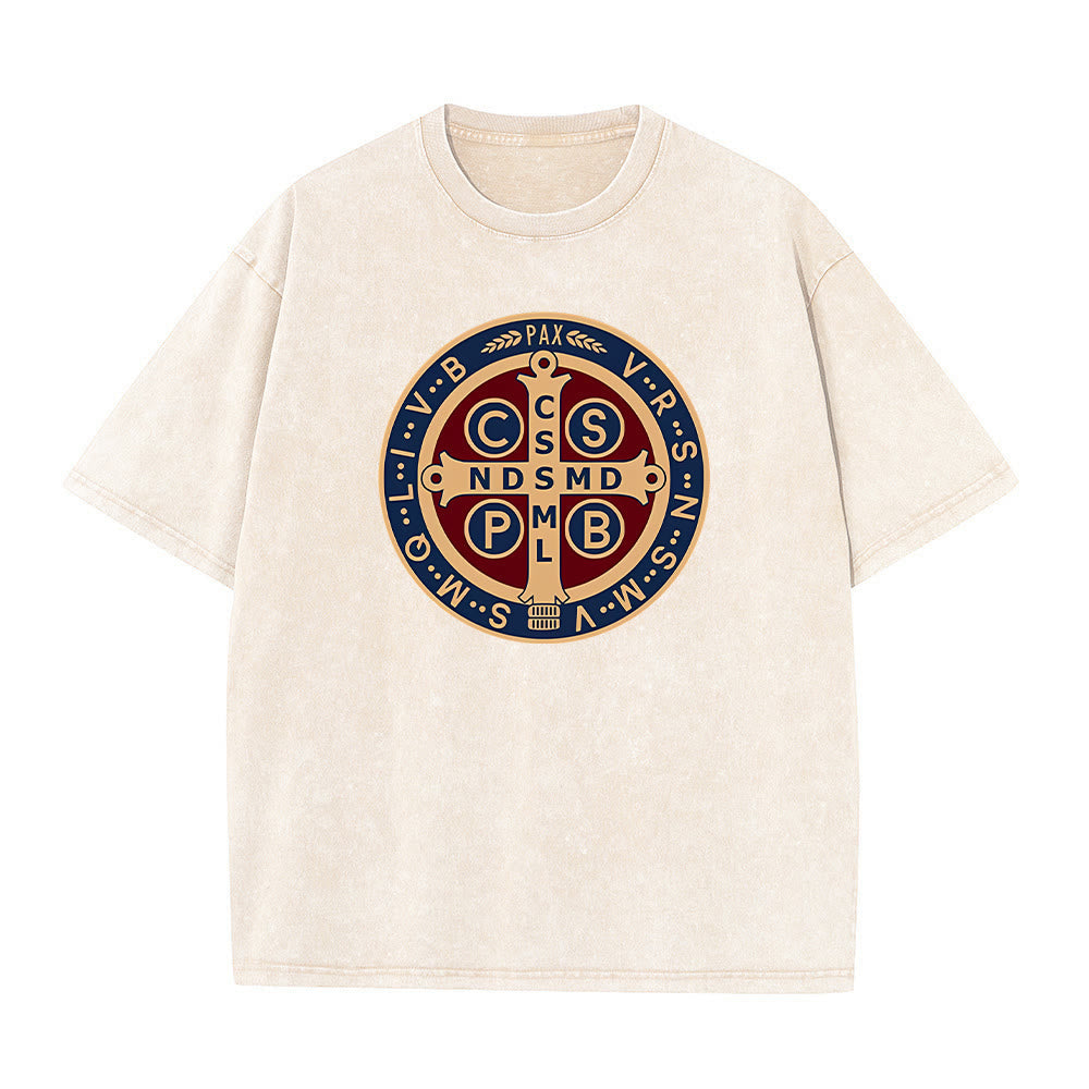 Christianartworkshop St. Benedict Medal Holy Cross Unisex Washed T-Shirt
