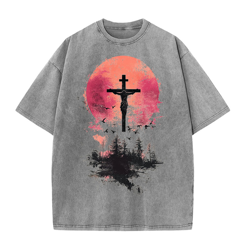 Christianartworkshop Divine Crucifix Over Nature Landscape Unisex Washed T-shirt