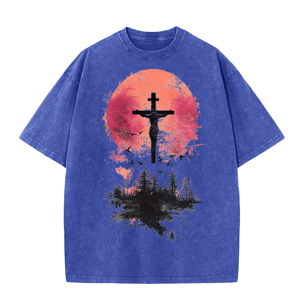 Christianartworkshop Divine Crucifix Over Nature Landscape Unisex Washed T-shirt