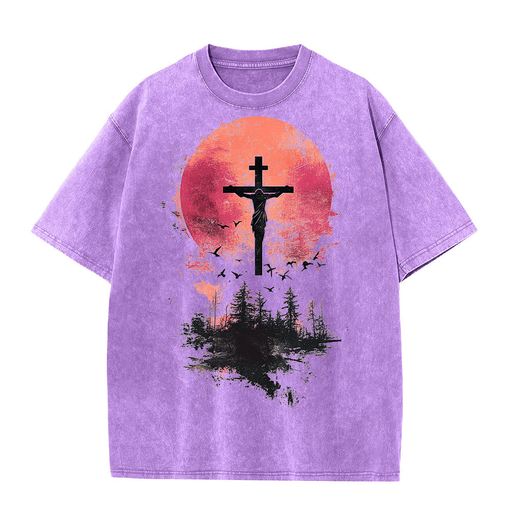 Christianartworkshop Divine Crucifix Over Nature Landscape Unisex Washed T-shirt