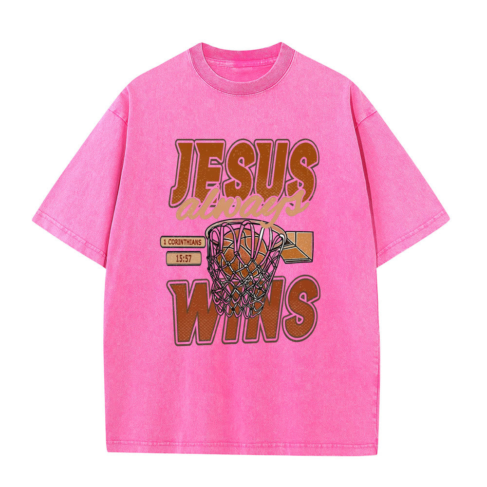 Christianartworkshop Jesus Always Wins Basketball Graphic Unisex Washed T-shirt