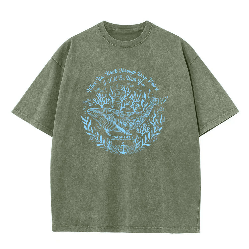 Christianartworkshop Isaiah 43:2 Whale Ocean Graphic Unisex Washed T-Shirt