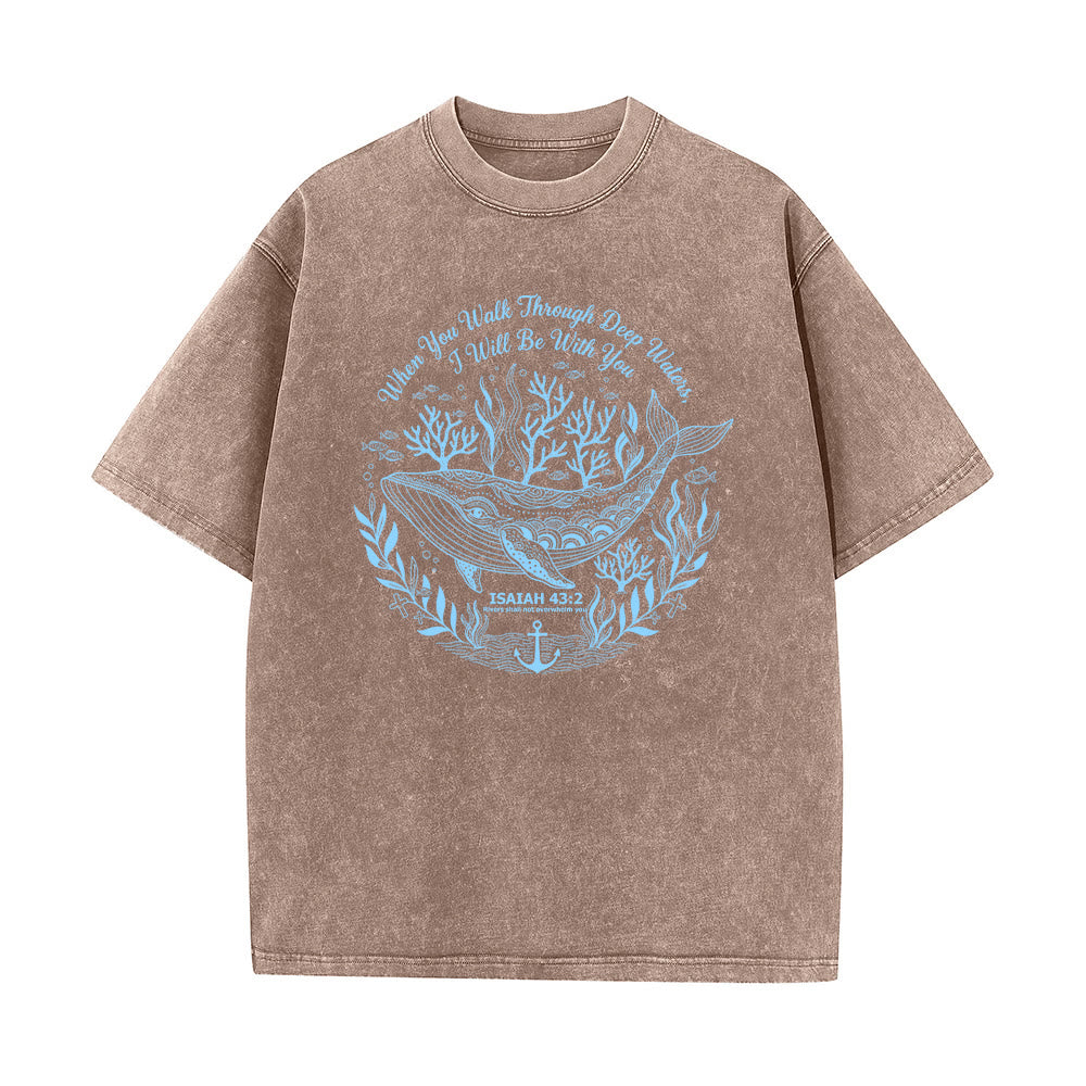 Christianartworkshop Isaiah 43:2 Whale Ocean Graphic Unisex Washed T-Shirt