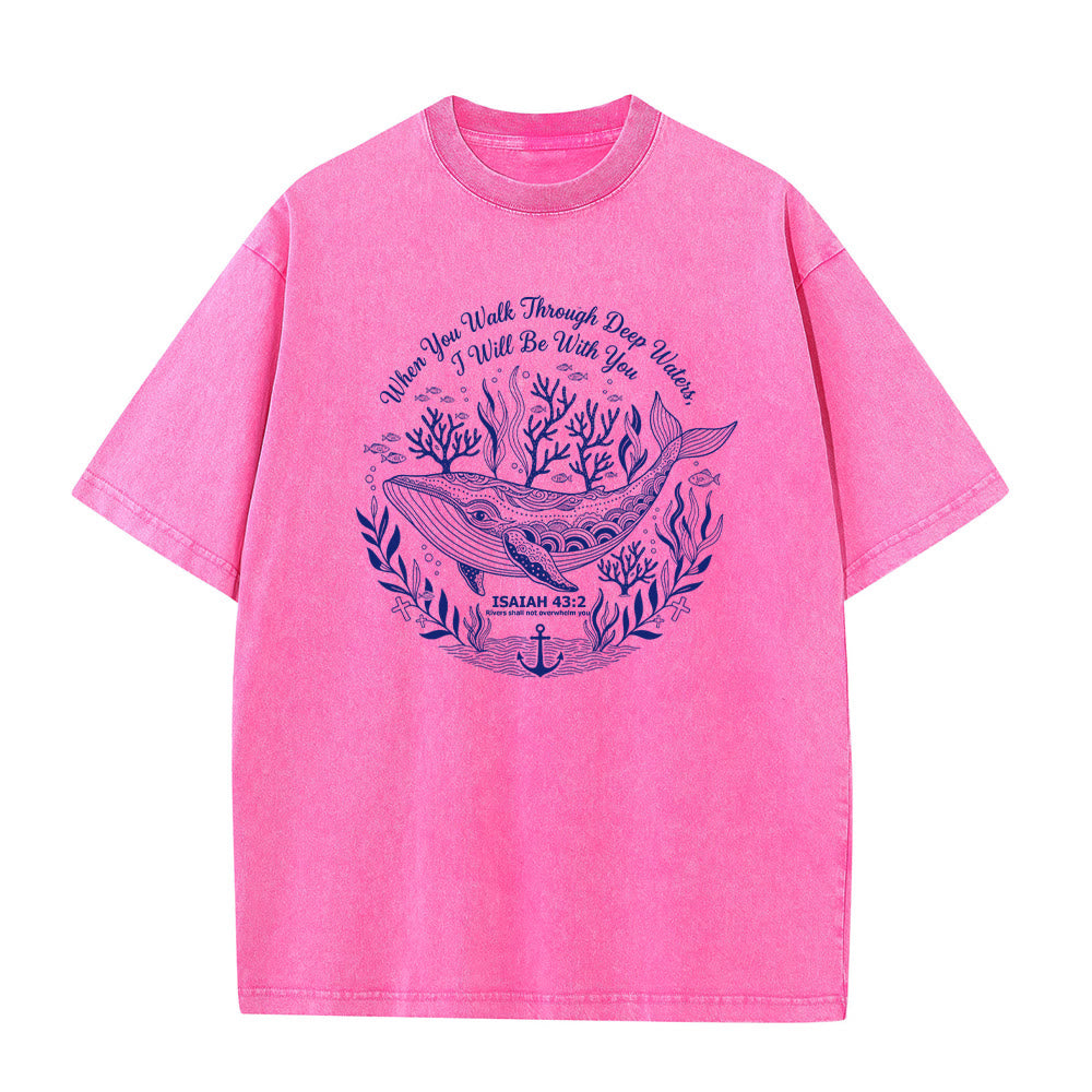 Christianartworkshop Isaiah 43:2 Whale Ocean Graphic Unisex Washed T-Shirt