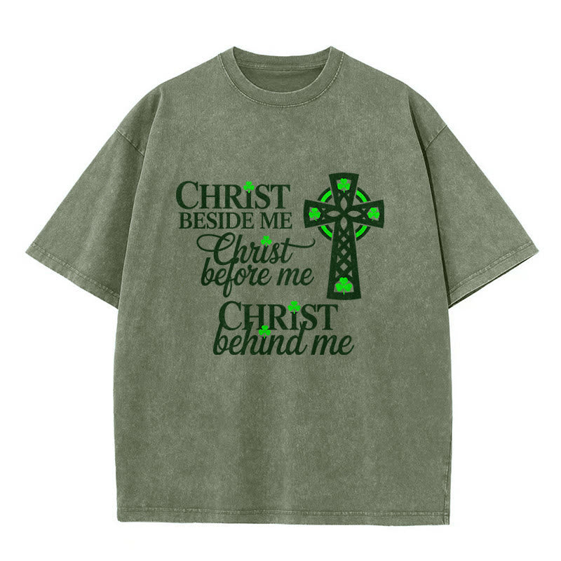 Christianartworkshop Christ Beside Me Celtic Cross Unisex Washed T-Shirt: Wear His Ever-Presence