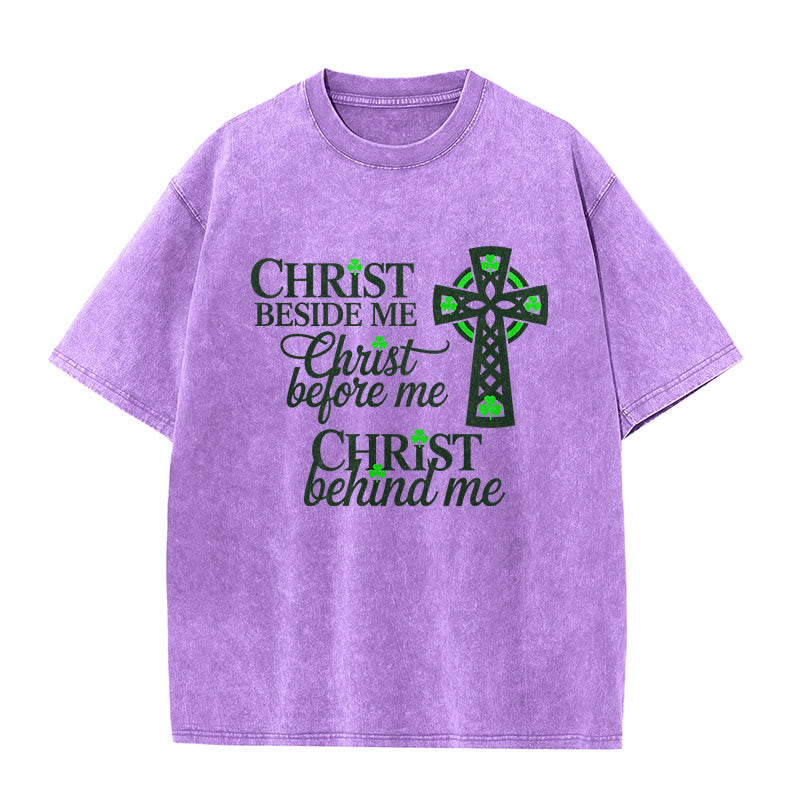 Christianartworkshop Christ Beside Me Celtic Cross Unisex Washed T-Shirt: Wear His Ever-Presence