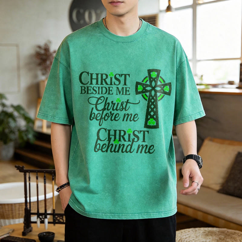 Christianartworkshop Christ Beside Me Celtic Cross Unisex Washed T-Shirt: Wear His Ever-Presence