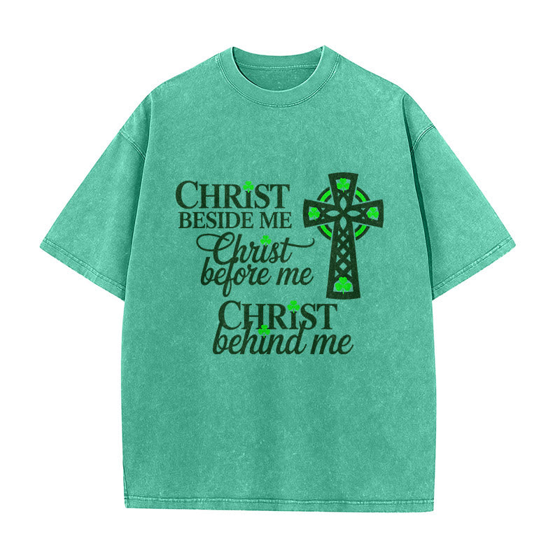 Christianartworkshop Christ Beside Me Celtic Cross Unisex Washed T-Shirt: Wear His Ever-Presence