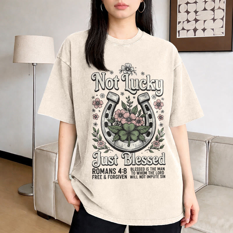 Christianartworkshop Not Lucky Just Blessed" Romans 4:8 Unisex Washed T-Shirt