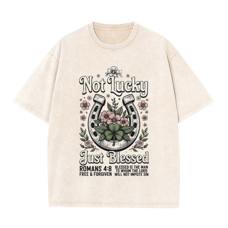Christianartworkshop Not Lucky Just Blessed" Romans 4:8 Unisex Washed T-Shirt