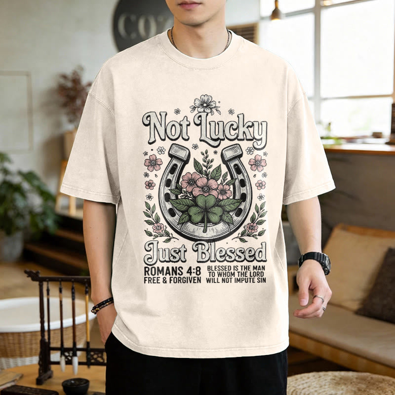 Christianartworkshop Not Lucky Just Blessed" Romans 4:8 Unisex Washed T-Shirt