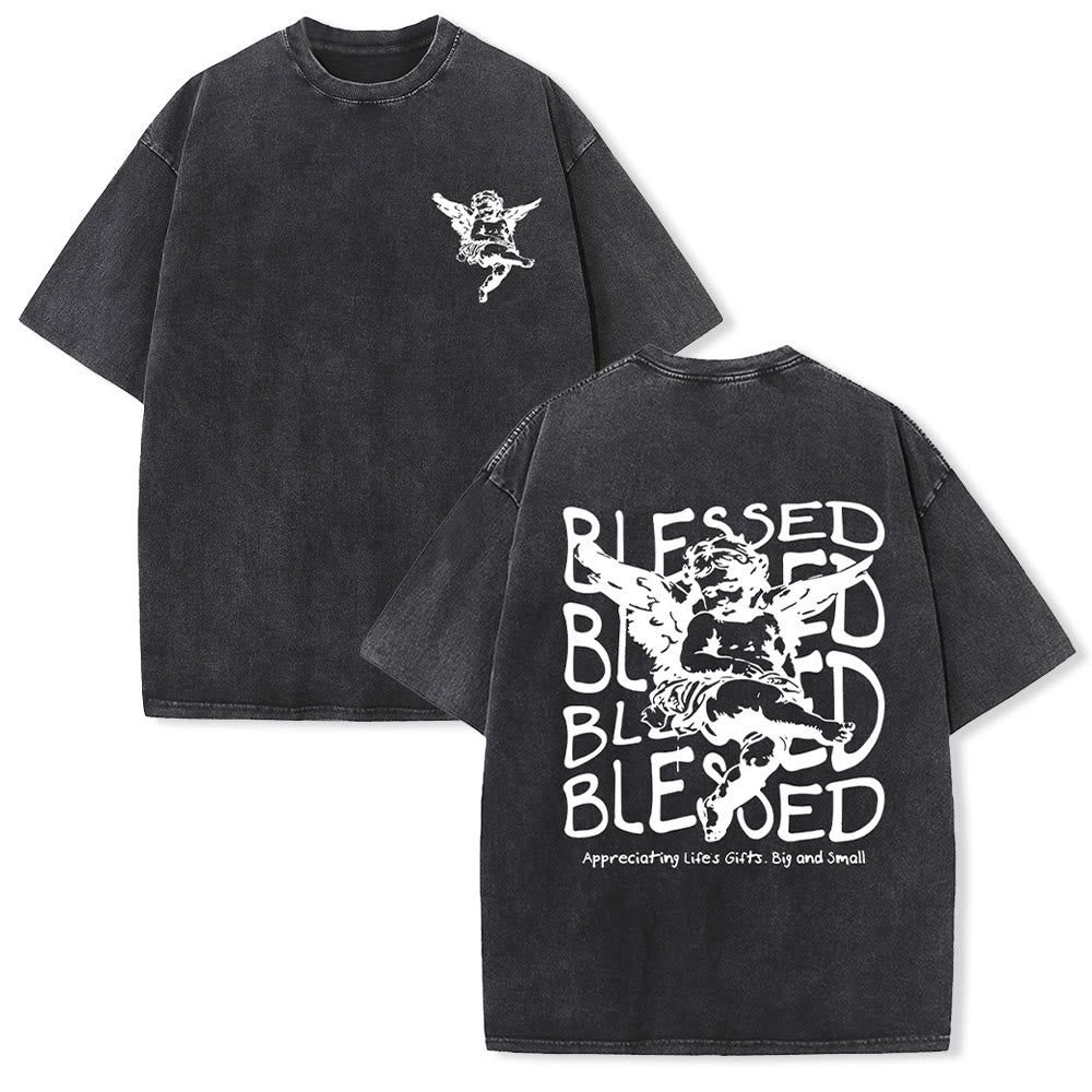 Christianartworkshop Inspired Blessed T-Shirt with Cherub Design Unisex Washed T-Shirt