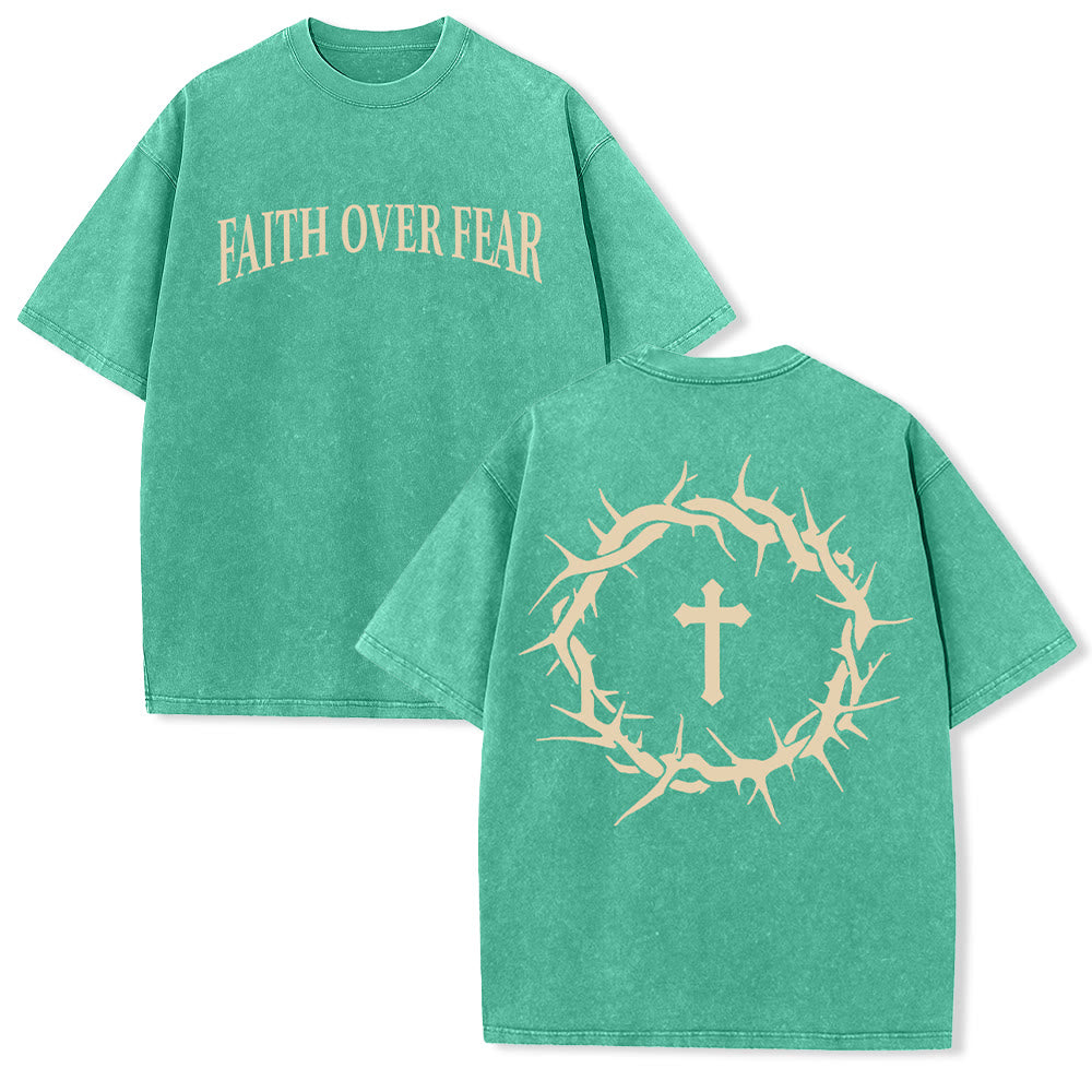 Christianartworkshop Faith Over Fear Thorn Cross Unisex Washed T-Shirt