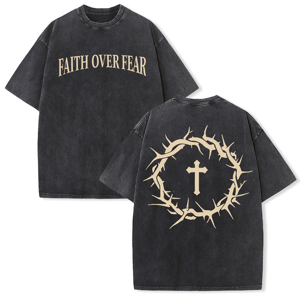 Christianartworkshop Faith Over Fear Thorn Cross Unisex Washed T-Shirt