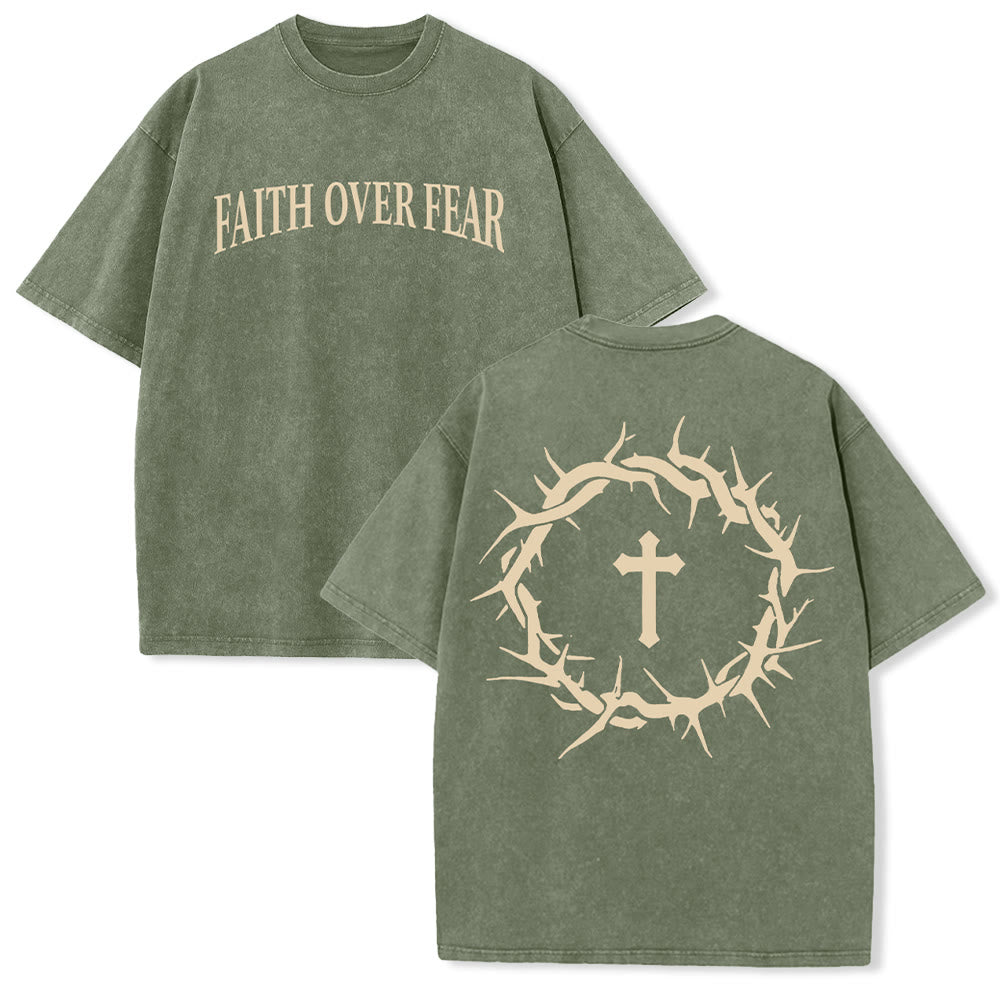 Christianartworkshop Faith Over Fear Thorn Cross Unisex Washed T-Shirt