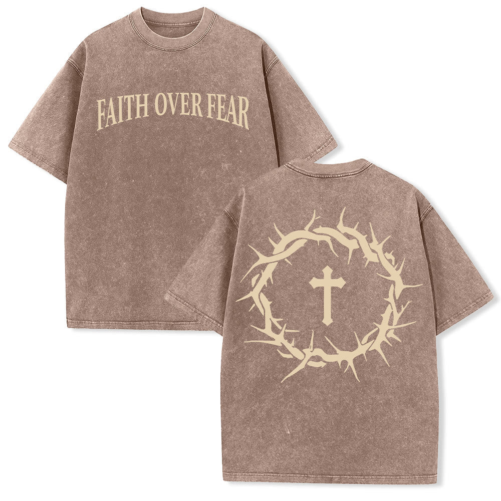 Christianartworkshop Faith Over Fear Thorn Cross Unisex Washed T-Shirt