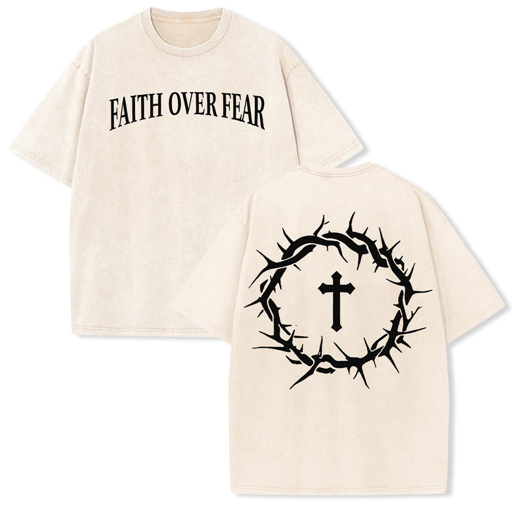 Christianartworkshop Faith Over Fear Thorn Cross Unisex Washed T-Shirt