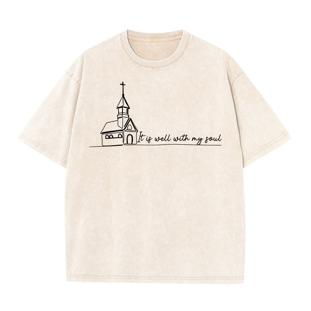 Christianartworkshop It Is Well With My Soul Church Sketch Line Art Unisex Washed T-shirt