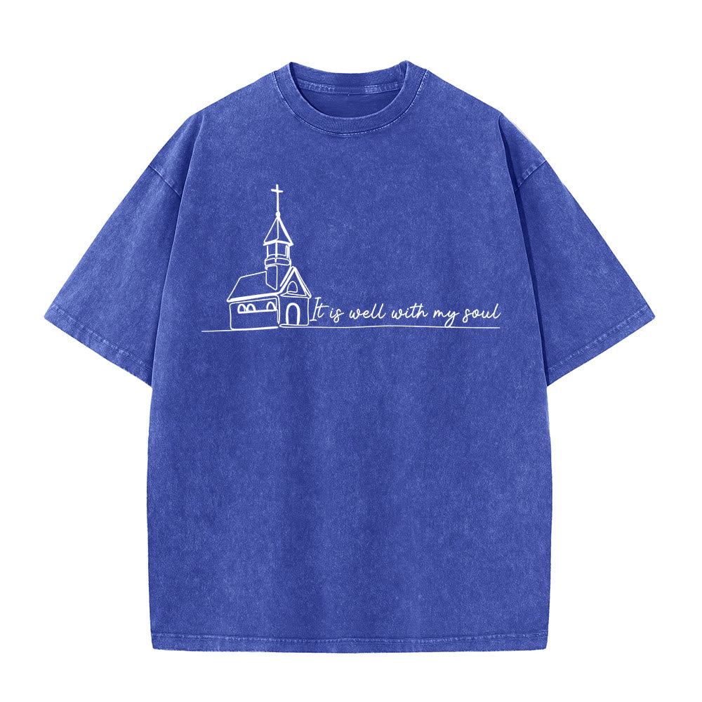 Christianartworkshop It Is Well With My Soul Church Sketch Line Art Unisex Washed T-shirt