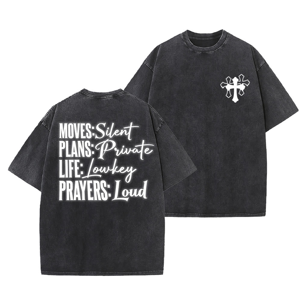 Christianartworkshop Moves Silent Prayers Loud Stylized Cross Mixed Lettering Unisex Washed T-shirt