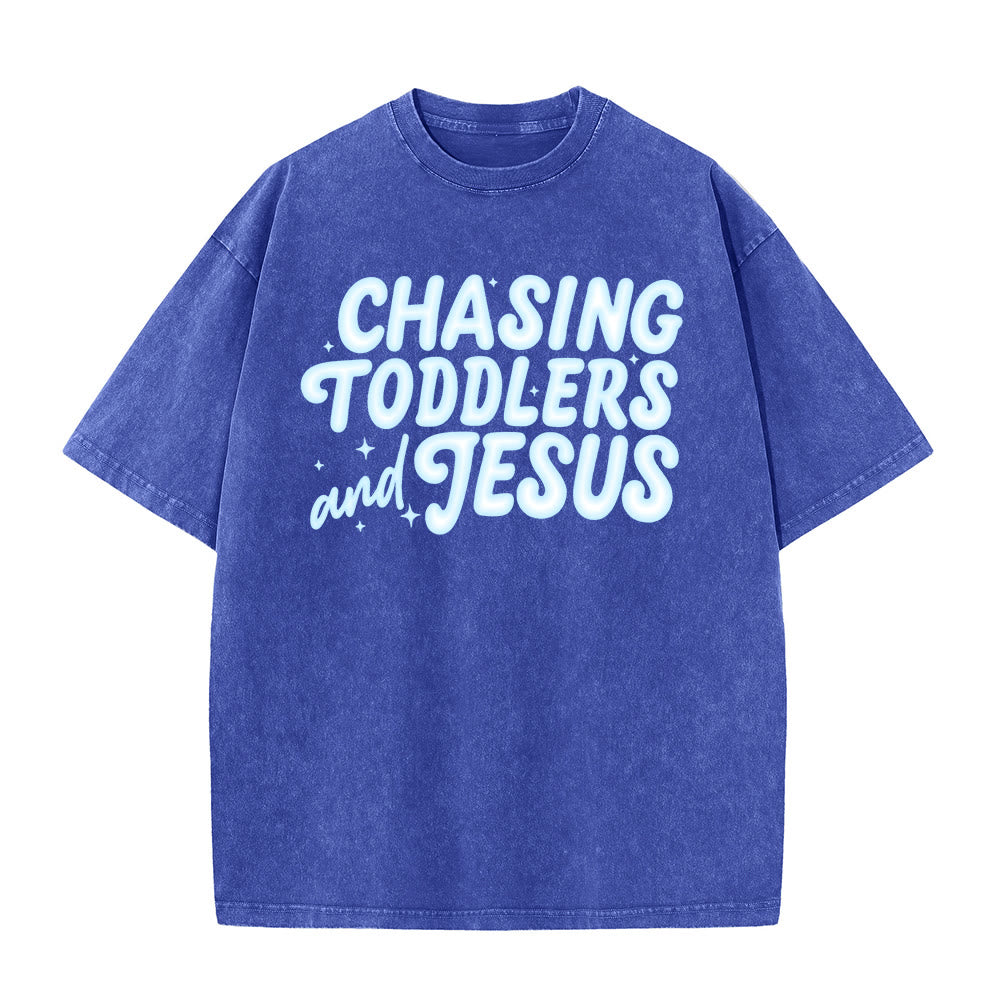 Christianartworkshop Chasing Toddlers and Jesus Bubble Letter Star Accent Unisex Washed T-shirt