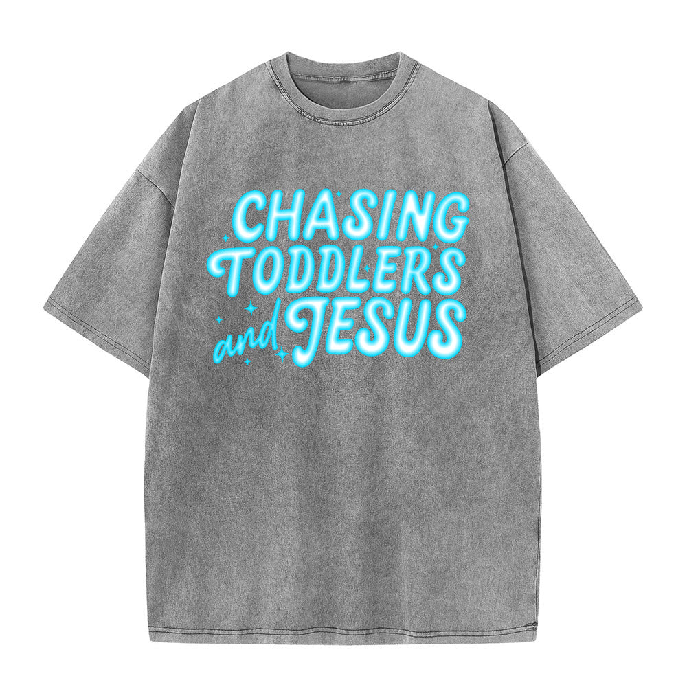 Christianartworkshop Chasing Toddlers and Jesus Bubble Letter Star Accent Unisex Washed T-shirt
