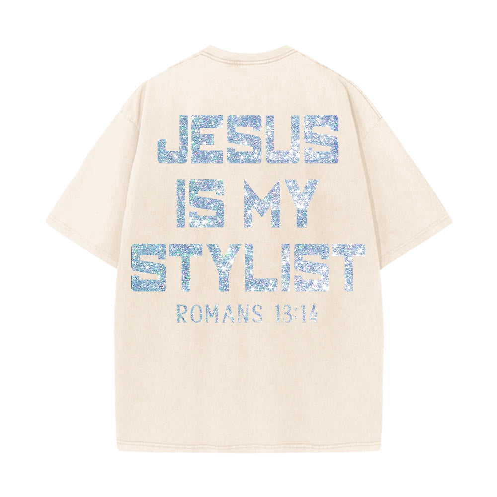 Christianartworkshop Jesus Is My Stylist Romans 13:14 Glitter Letter Rose Cross Unisex Washed T-shirt