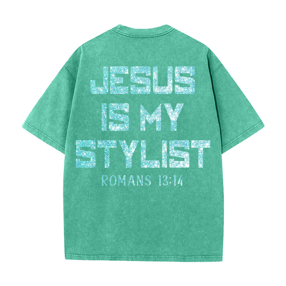 Christianartworkshop Jesus Is My Stylist Romans 13:14 Glitter Letter Rose Cross Unisex Washed T-shirt
