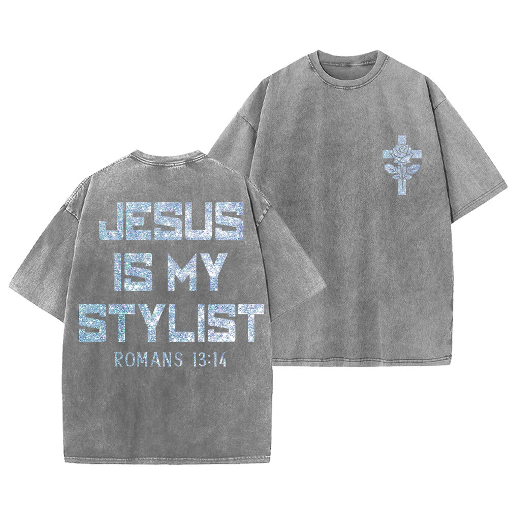 Christianartworkshop Jesus Is My Stylist Romans 13:14 Glitter Letter Rose Cross Unisex Washed T-shirt