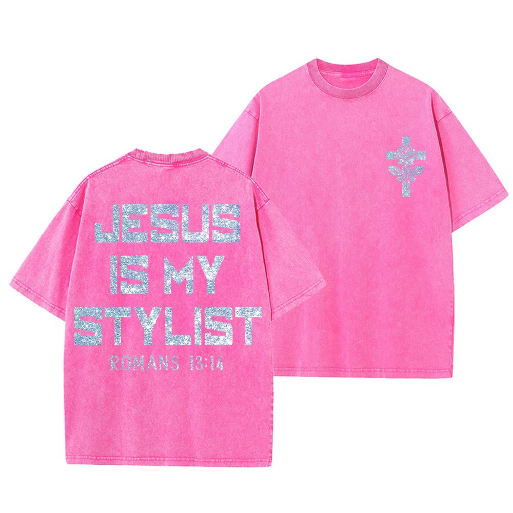 Christianartworkshop Jesus Is My Stylist Romans 13:14 Glitter Letter Rose Cross Unisex Washed T-shirt