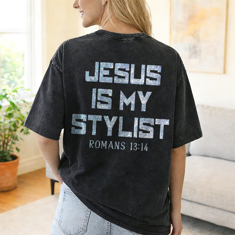 Christianartworkshop Jesus Is My Stylist Romans 13:14 Glitter Letter Rose Cross Unisex Washed T-shirt