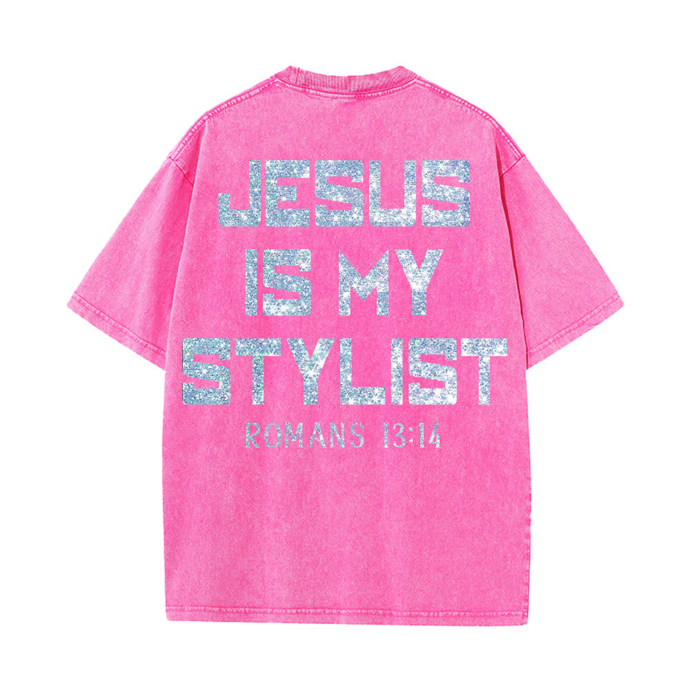 Christianartworkshop Jesus Is My Stylist Romans 13:14 Glitter Letter Rose Cross Unisex Washed T-shirt