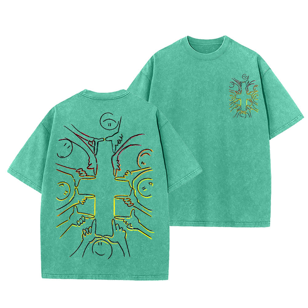 Christianartworkshop Unity Cross Human Figure Line Art Unisex Washed T-shirt