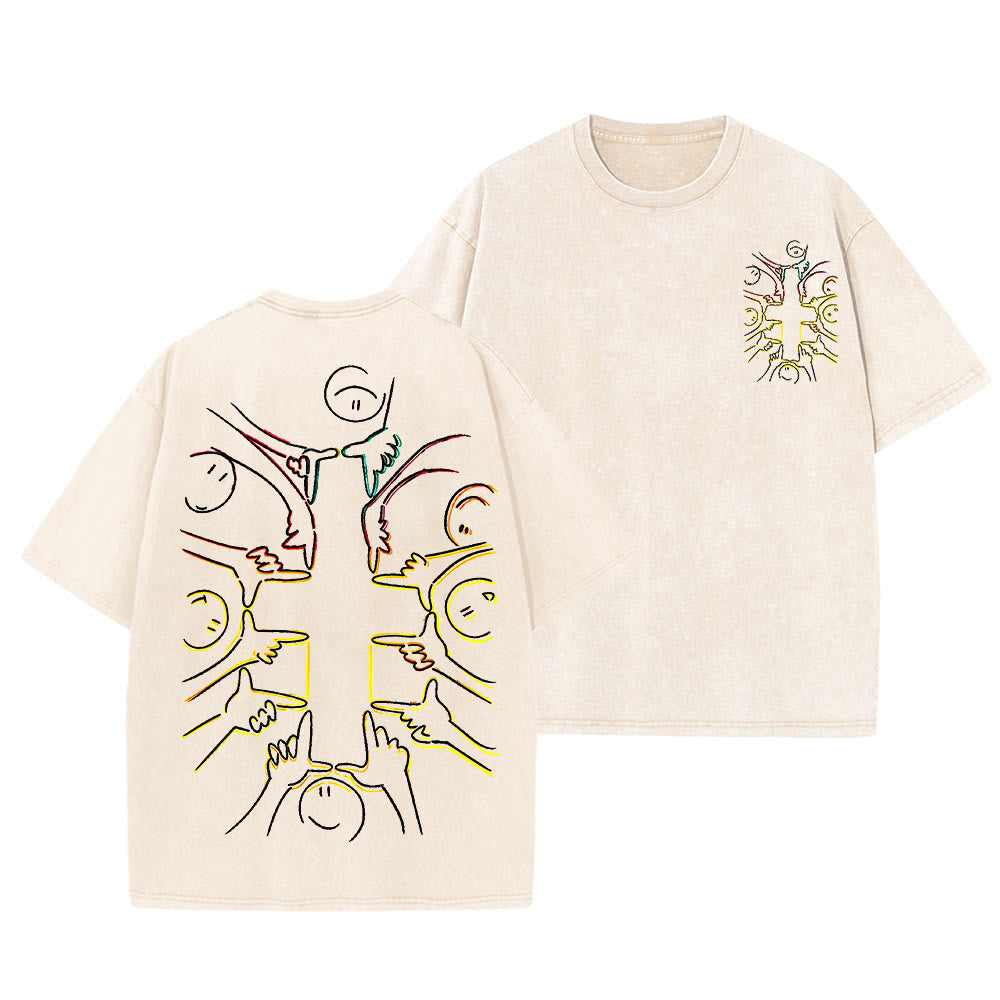 Christianartworkshop Unity Cross Human Figure Line Art Unisex Washed T-shirt