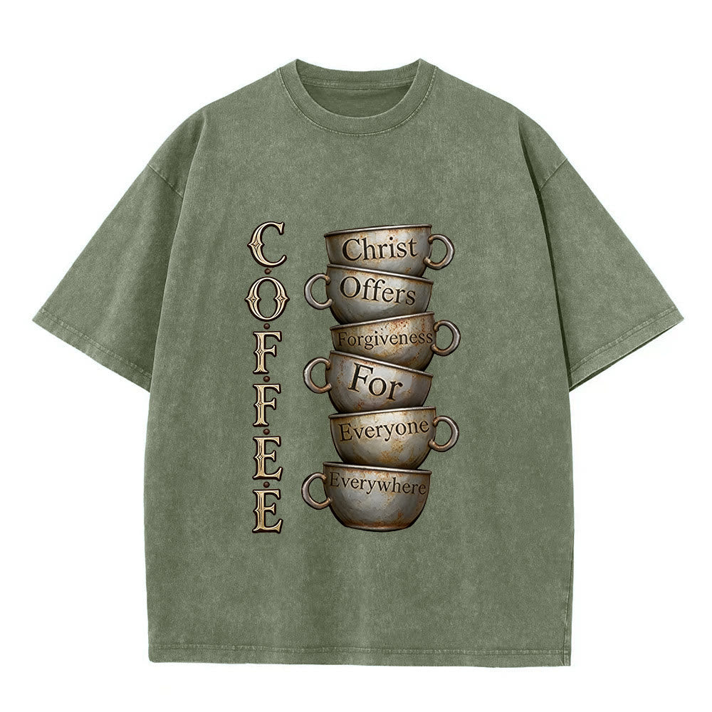 Christianartworkshop COFFEE Christ Offers Forgiveness Unisex Washed T-Shirt