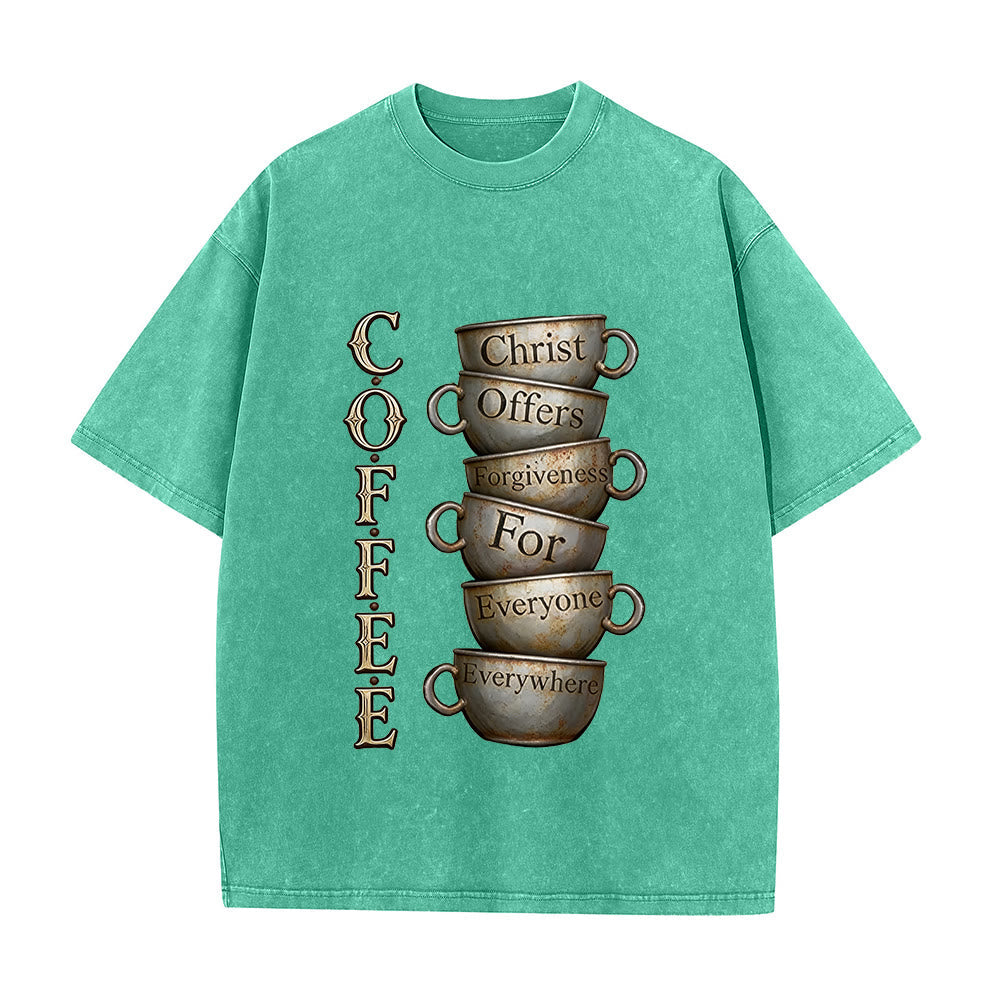 Christianartworkshop COFFEE Christ Offers Forgiveness Unisex Washed T-Shirt