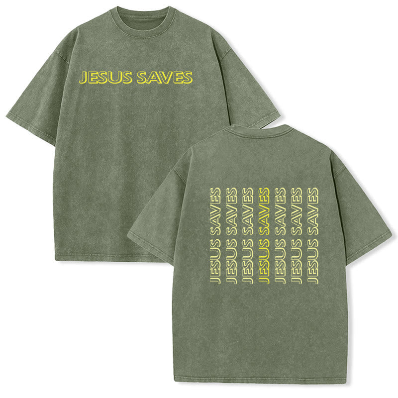 Christianartworkshop Jesus Saves Repeat Text Unisex Washed T-Shirt